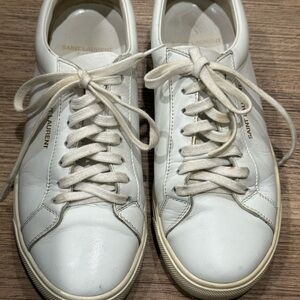 Saint Laurent White/Gold Low Cut Leather Lace-Up Sneakers
